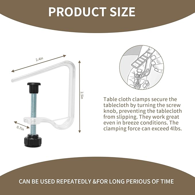 12 Pieces Adjustable Tablecloth Clips, Suitable for Tables 0.4 to 1.96 Inch Thick. Strong and Stable Grip to Prevent Tablecloth Slippage. Damage-Free Table Cloth Holder Clips, Easy to Install.