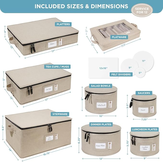 China Storage Hard Shell Containers 8-Piece Set Moving Boxes for Dinnerware, Glasses, Plates, Mugs and Saucers Sturdy Dish Organizer with Dividers for Seasonal Storage - Service for 12 - Brown