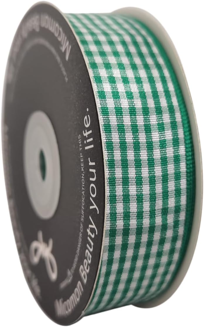 Green and White Woven Edge Plaid Ribbon 100% Polyester Gingham Ribbon 25 Yards Each Roll (1",Green)