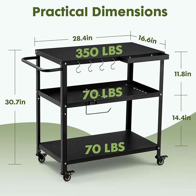 Outdoor Grill Cart Table,Indoor and Outdoor Pizza Oven Table,with 4 Movable Total Lock Casters, Hooks, Side Handle Multifunctional (Black) (Black)