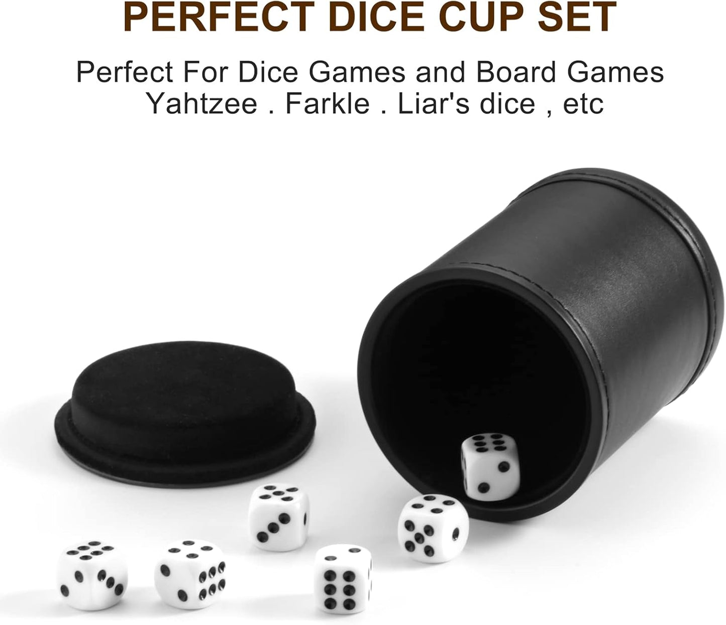 Felt Lined Dice Cup PU Leather Set, Quiet Shaker for Dice Board Family Games Yahtzee Farkle, Set of Six 16mm Rolling Dice Included