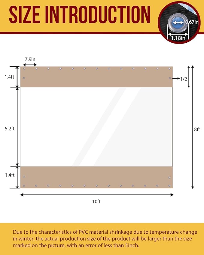 FoundGo 8'Hx10'W Outdoor Vinyl Curtains for Patio,19oz Clear Vinyl Patio Enclosure,Heavy Duty Clear Tarps Waterproof Vinyl Tarp with Grommets for Pergola, Porch,Gazebos,Balcony,-4℉ Cold Resistant