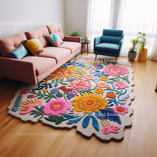 Handmade Wool Floral Area Rug for Living Room | Elegant Flower Garden Design, Soft, Thick and Durable | Bedroom, Dining Room & Home Decor Carpet (5' x 7', Floral H)