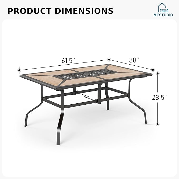 MFSTUDIO Outdoor Patio Dining Table for 6, Rectangular Patio Furniture Table with Metal Frame and Immitation Top, Adjustable Umbrella Hole