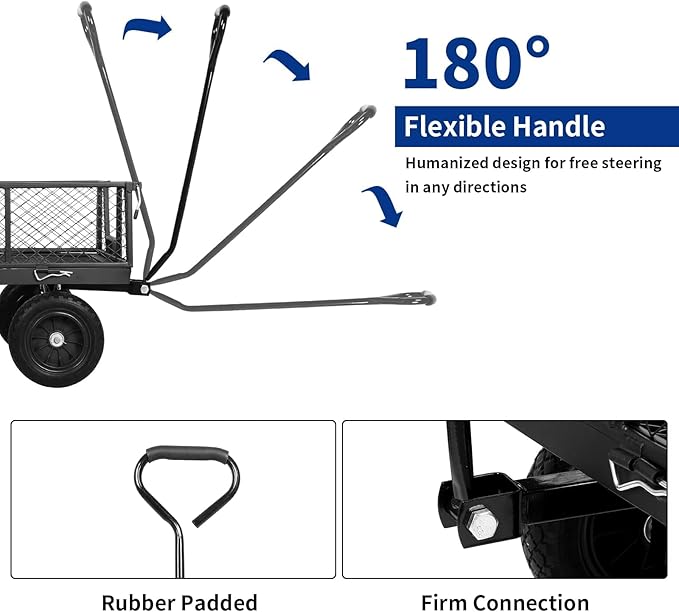 BILT HARD 880 lbs 10" Tires Steel Garden Cart with 180° Rotating Handle and Removable Sides, Heavy Duty 4 Cu.Ft Capacity Utility Garden Carts and Wagons, Black