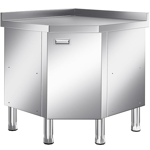 KINGBO Stainless Steel Corner Cabinet Heavy Duty Prep Table with 304 Stainless Steel Worktop Commercial Worktable Workbench with Storage Cabinet for Kitchen Garage Restaurant Outdoor