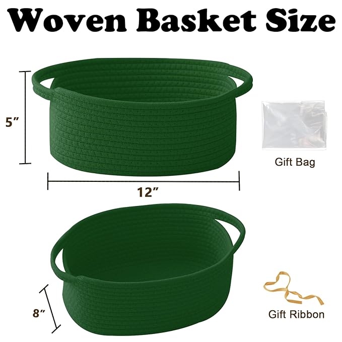 Gift Basket with Gift Bag and Ribbons,Small Rope Woven Shelf Storage,Baskets for Gifts Empty,Birthday,Baby Shower,Decorative Organizer Box with Handles(Green)