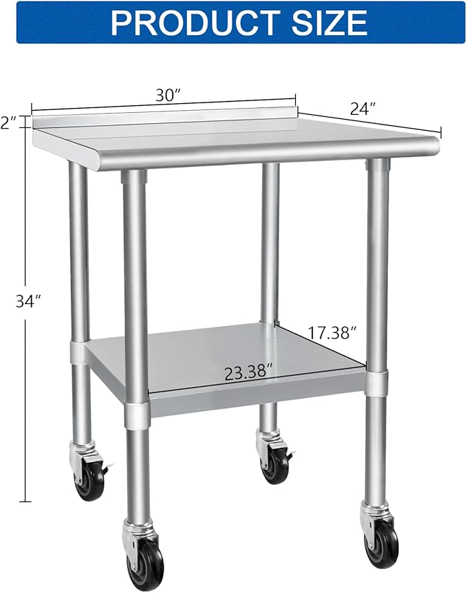 HARDURA Stainless Steel Table 24 x 30 Inches with Wheels Casters NSF Heavy Duty Commercial Prep Table with 2” Backsplash and Adjustable Undershelf for Restaurant Kitchen Home and Hotel