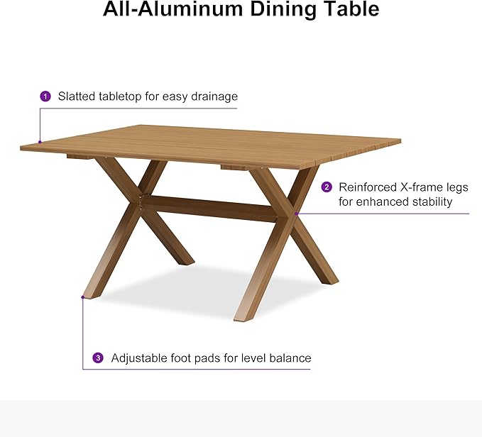 PURPLE LEAF 7 Pieces Outdoor Dining Set All Weather Wicker Patio Dining Set with Rectangular Aluminum Table and Modern Armrest Dining Chairs for Garden Deck Backyard Kitchen, Teak