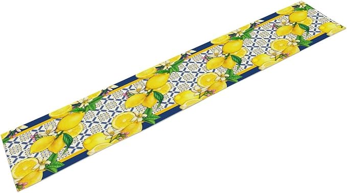 Yellow Lemon Table Runner, Spring Summer Seasonal Blue Tiles Watercolor Lemon Table Runner for Farmhouse Kitchen Indoor Outdoor Party Decor, 13x70inch