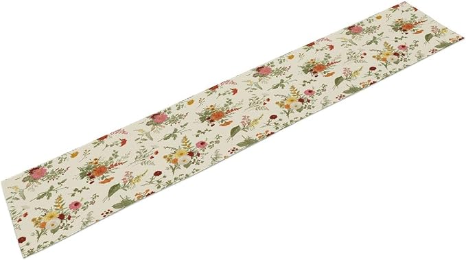 Vintage Flower Table Runner, Rustic Farmhouse Retro Garden Botanical Plants Herbs Wildflower Print Table Runner for Kitchen Dining Room Wedding Party Decor, 13x70inch