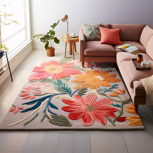 Handmade Wool Floral Area Rug for Living Room | Elegant Flower Garden Design, Soft, Thick and Durable | Bedroom, Dining Room & Home Decor Carpet (5' Round, Floral A)