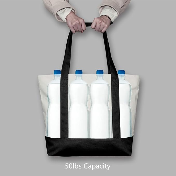 TOPDesign 3-Pack Canvas Tote Bags with an External Pocket, Reusable Grocery Shopping Bags, Top Zipper Closure, Daily Essentials (Black/Natural)