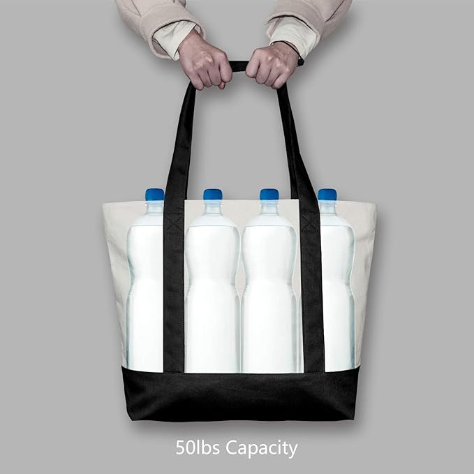 TOPDesign 6-Pack Canvas Tote Bags with an External Pocket, Reusable Grocery Shopping Bags, Top Zipper Closure, Daily Essentials (Black/Natural)
