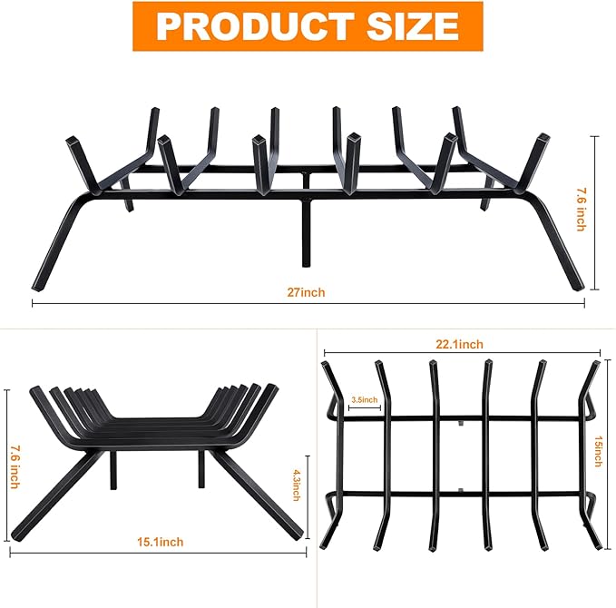 Fireplace Grate,Fireplace Log Holder,27 inch Heavy Duty Solid Cast Iron FIrewood Log Burning Rack for Inside The Fireplace Accessories Outood Fire Pit Kindling Fireplace Tools