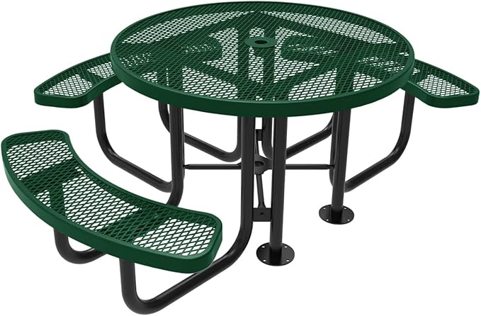 COATEDOUTDOORFURNITURE Heavy-Duty Portable Outdoor Picnic Table with Umbrella Hole, Expanded Metal Patio Dining Furniture Made in America (46" Round Top, Green)