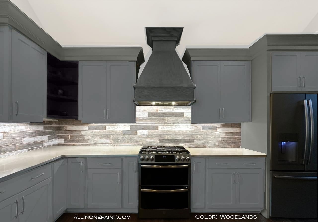 ALL-IN-ONE Paint, Durable cabinet and furniture paint. Built in primer and top coat, no sanding needed. Includes our 30 featured color card - Woodlands (muted, earthy, mossy green), Gallon
