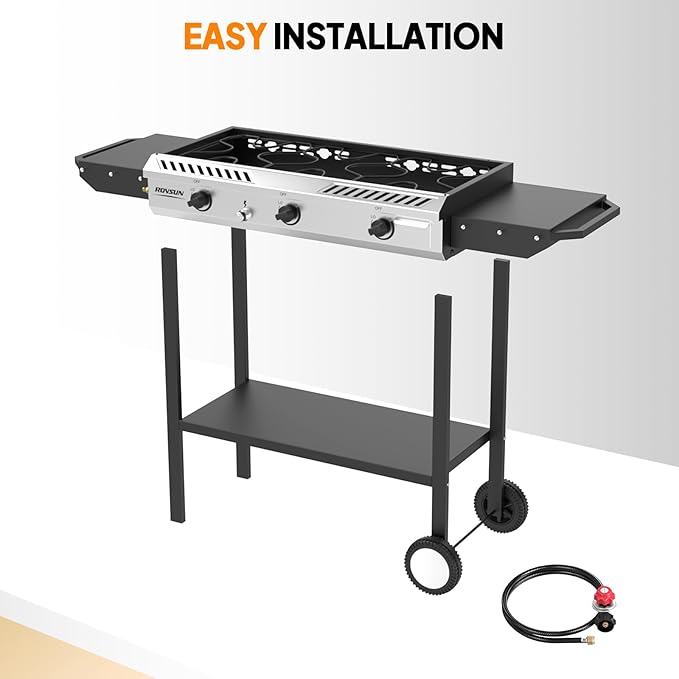 ROVSUN 3 Burner Propane Stove with Auto Ignition, 225,000 BTU Gas Stove with Side Shelves, Rolling Wheels & Regulator for Home Outdoor Backyard Camping Cooking Frying Brewing Canning