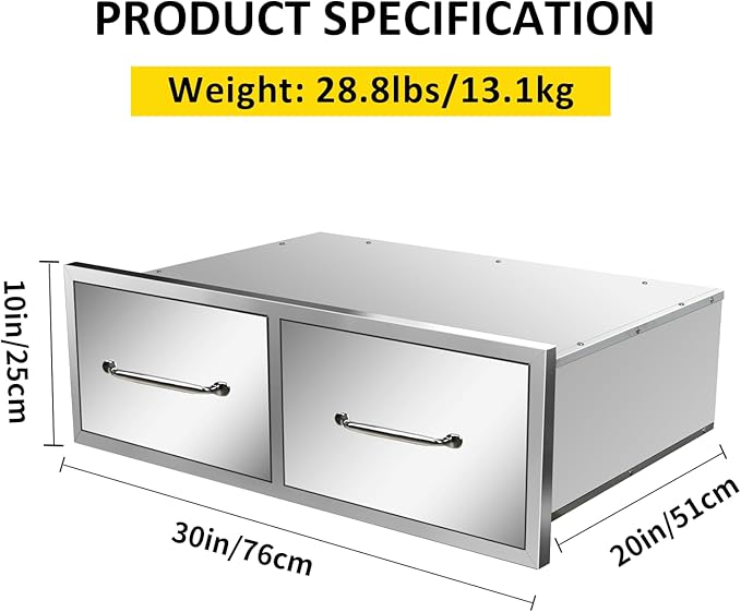 Outdoor Kitchen Drawers 30" W x 10" H x 20" D Flush Mount Horizontal Double Drawers with Chrome Handle,Stainless Steel Built-in BBQ Drawer for Outdoor Kitchen Island, Patio Grill Station