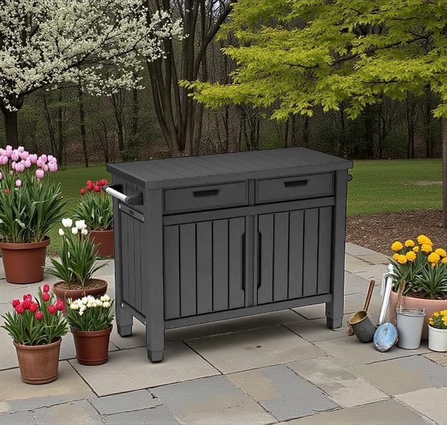 Outdoor Grill Table, Entertainment, and Storage Table with Drawers in Graphite Gray is a Versatile and Stylish Addition to Any Outdoor Space.