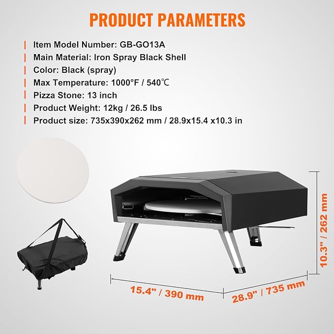 VEVOR Propane Pizza Oven, 13 Inch Gas Pizza Maker with Rotatable Pizza Stone, Portable Pizza Grill with Foldable Leg, Waterproof Carry Bag, Stainless Steel Gas Pizza Cooker for Outside Camp Backyard