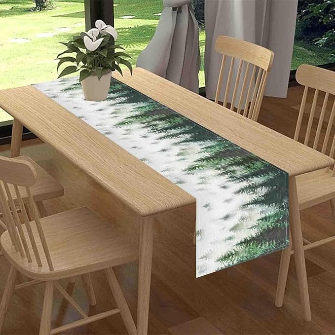 Green Forest Table Runner, Rustic Farmhouse Green Pine Tree Woodland Seasonal Mountain Country Coffee Table Center Decor for Home Kitchen Dining Patio Holiday Party Table Decorations, 13"x72" Inch