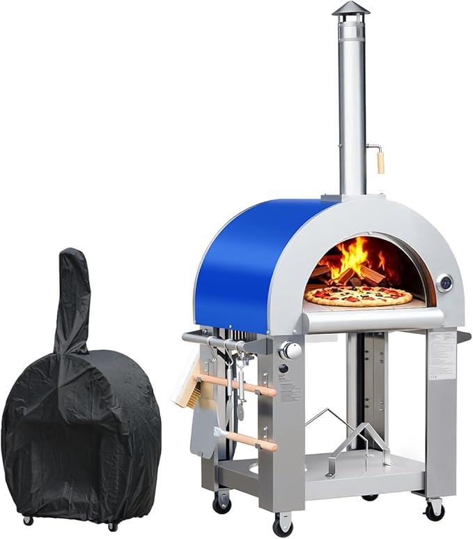 32.5" Wood Fired & Propane Gas Pizza Oven with Waterproof Cover, Large Outdoor Oven with Open Shelf and Wheels for BBQ, Grilling, Stainless Steel Pizza Oven for Outdoor, Backyard and Party (Blue)