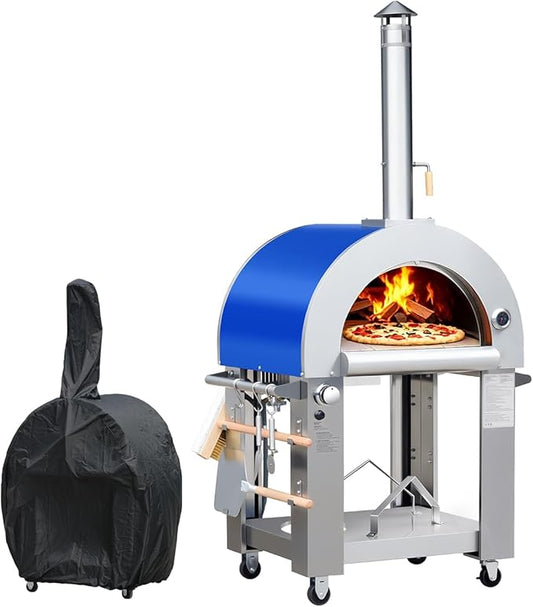 32.5" Wood Fired & Propane Gas Pizza Oven with Waterproof Cover, Large Outdoor Oven with Open Shelf and Wheels for BBQ, Grilling, Stainless Steel Pizza Oven for Outdoor, Backyard and Party (Blue)