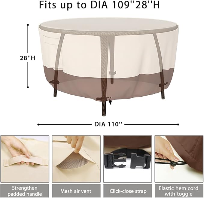 Patio Furniture Covers - Heavy Duty Round Table Cover (110D x 28H Inch) - Outdoor Dining & Coffee Table Cover for Veranda, Lawn - Waterproof & Weather Resistant, Anti UV - Beige & Brown