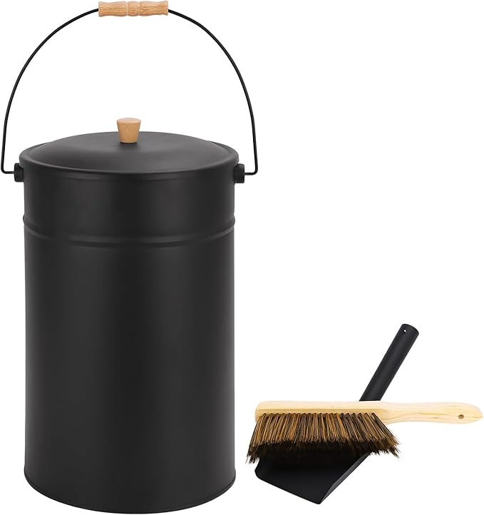 FEED GARDEN 5.15 Gallon Ash Bucket with Lid,Shovel,Broom Ash Can for Fireplace Fire Pits,Wood Stoves,Fireplace Galvanized Iron Bucket,Pellet Charcoal Bucket,Indoor Outdoor，Black