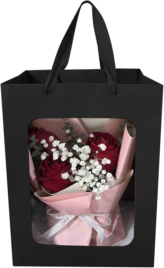 6 Pcs Black Paper Gift Bags with Transparent Window, 9.84"x7.0"x5.12" Kraft Shopping Bags with Handles for Bouquet Christmas Birthdays Festivals Party Weddings Wrapping