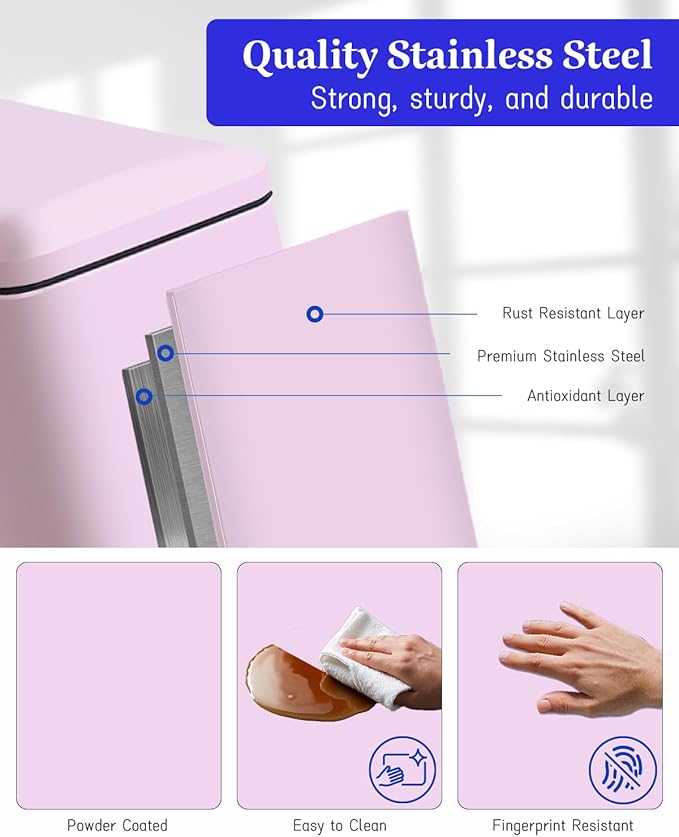 Bathroom Trash Can with Lid, 16.7L/ 4.4 Gallon Trash Can with Removable Inner Bucket, Soft Close lid, Stainless Steel Step Pedal Garbage Can for Bedroom, Kitchen, Home Office, Pink