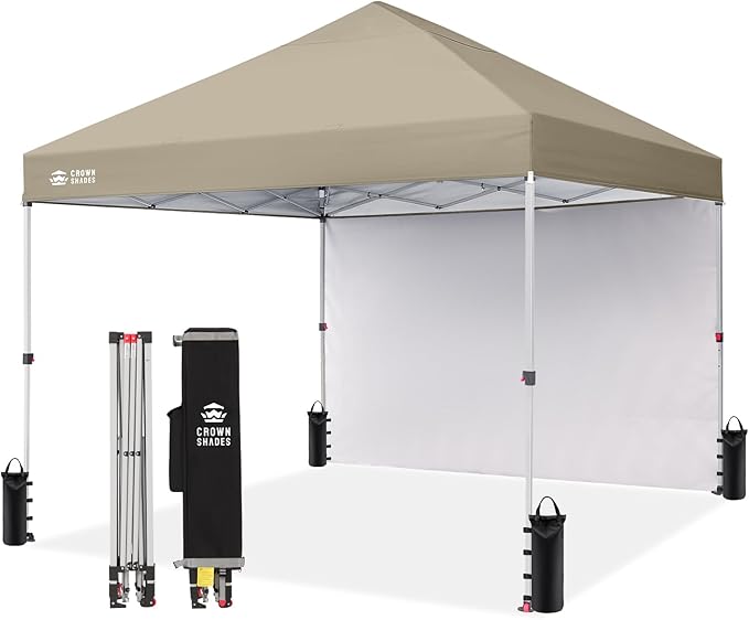 CROWN SHADES 8x8 Pop Up Canopy with 1 Side Wall - Beach Tent with One Push Setup - Outdoor Sun Shade for Events, Parties, Camping - Gazebo with STO-N-Go Cover Bag (Beige)