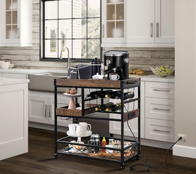 Bar Cart with Power Outlet, Industrial Kitchen Serving Cart with Wine Rack & Glass Holder, Coffee Bar Table Station with Storage, Rolling Cart on Wheels with 59IN Cord, Brown