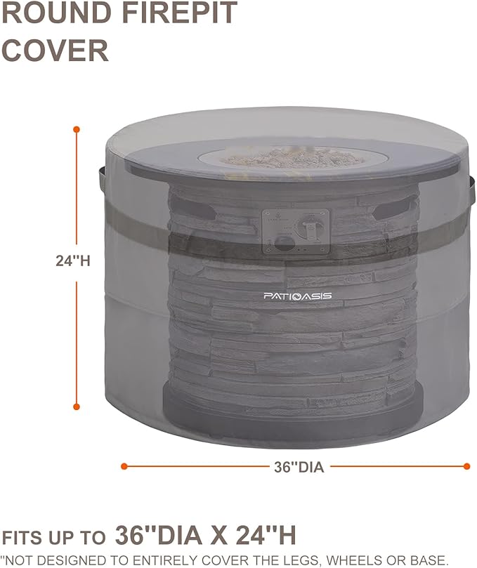 Grey Round Fire Pit Cover Outoor 36 inch Dia Waterproof Patio Deck Propane Fire Bowl Cover 600D Heavy Duty All Weather Resistant