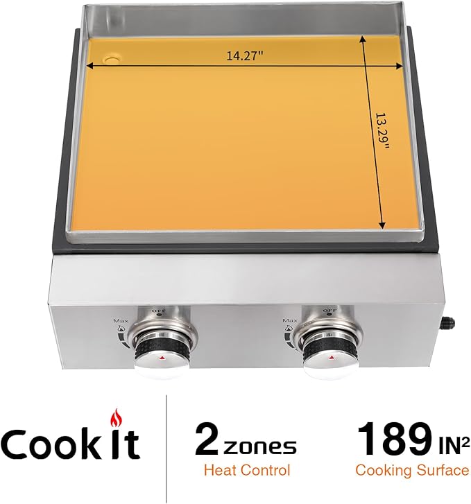 2-Burner Portable Tabletop Gas Griddle Grill with Stainless Steel Cooking Surface - Includes Protective Cover & Regulator, for Camping, Tailgating, Outdoor Cooking
