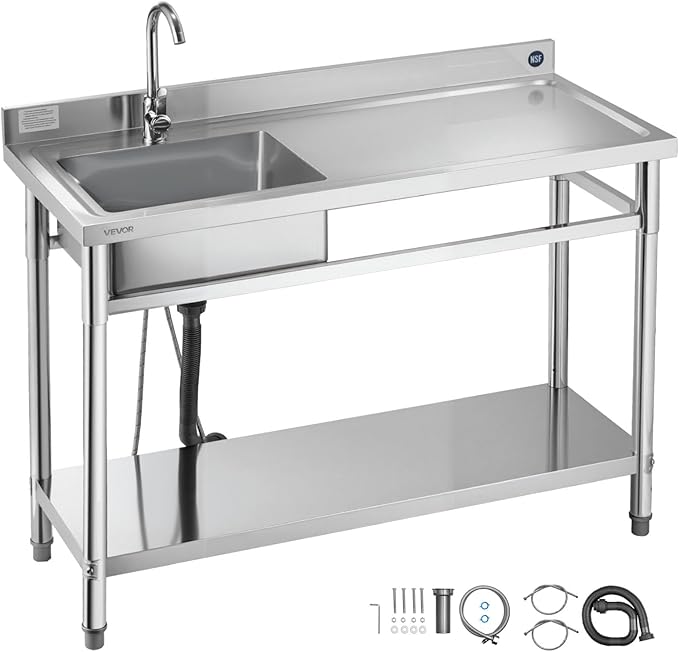 VEVOR Stainless Steel Utility Sink, Free Standing Single Bowl Commercial Kitchen Sink with Faucet, Utility Right Basin Workbench with Hot & Cold Water Pipe for Garage Restaurant Laundry, 47x19.7x37 in