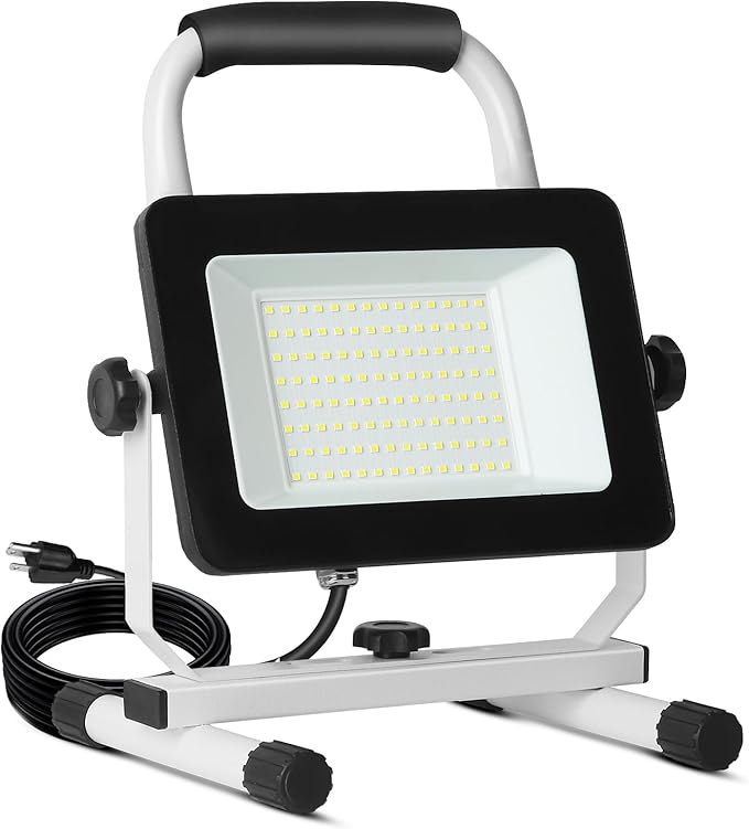 UFOND 6000 Lumen LED Work Light with Stand,60W Waterproof Flood Light, Brightness Switch Adjustable,Super Bright Portable Job Site Worklight with Power Cord for Garage Workshop Car,Outdoor Lighting