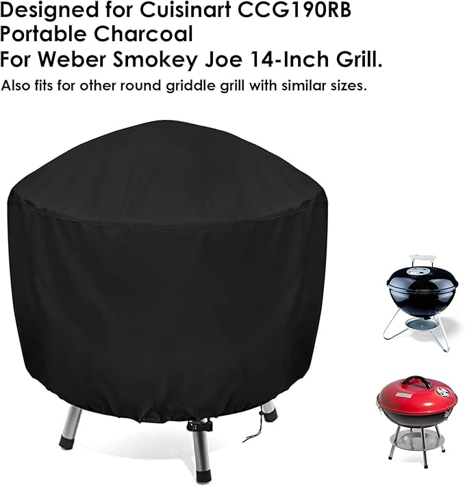 Grill Cover for Cuisinart CCG190RB Portable Charcoal Waterproof Griddle Cover for Weber Smokey Joe 14 Inch Grill - 16" D×15" H, Black