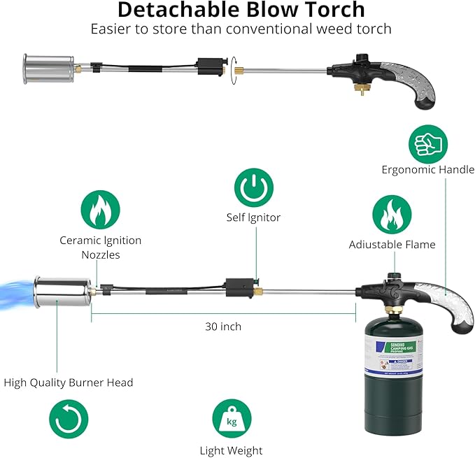 Sondiko Propane Torch Weed Burner, High Output Weed Torch Flamethrower, 30" Detachable Long Arm Heavy Duty Blow Torch For Garden, Wood, Ice, Snow, Melting(PROPANE TANK NOT INCLUDED)