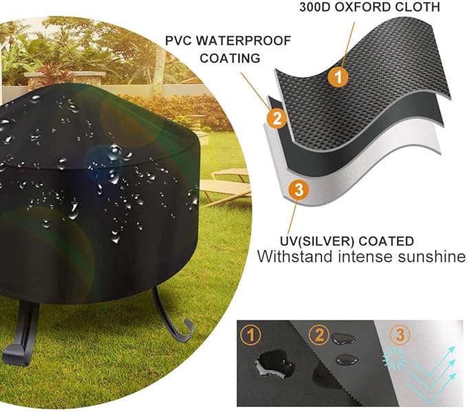 30-Inch Fire Pit Cover for 28-32 inch Round Fire Pit, Heavy Duty 300D Oxford Fabric Waterproof Dustproof Fire Bowl Cover All-Season Protection 32"Dia x 16"H