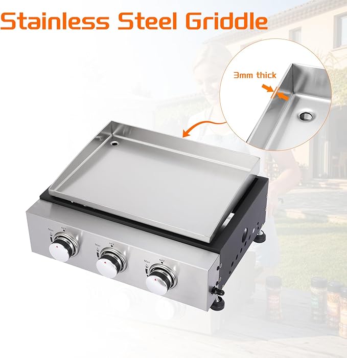 3-Burner Portable Tabletop Gas Griddle Grill with Stainless Steel Cooking Surface - Includes Protective Cover & Regulator, for Camping, Tailgating, Outdoor Cooking