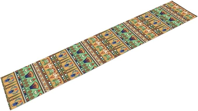 Egyptian Print Table Runner, Egyptian Ornament Scarab Flower Abstract Design Table Runner for Dining Kitchen Party Outdoor Holiday 13x90in