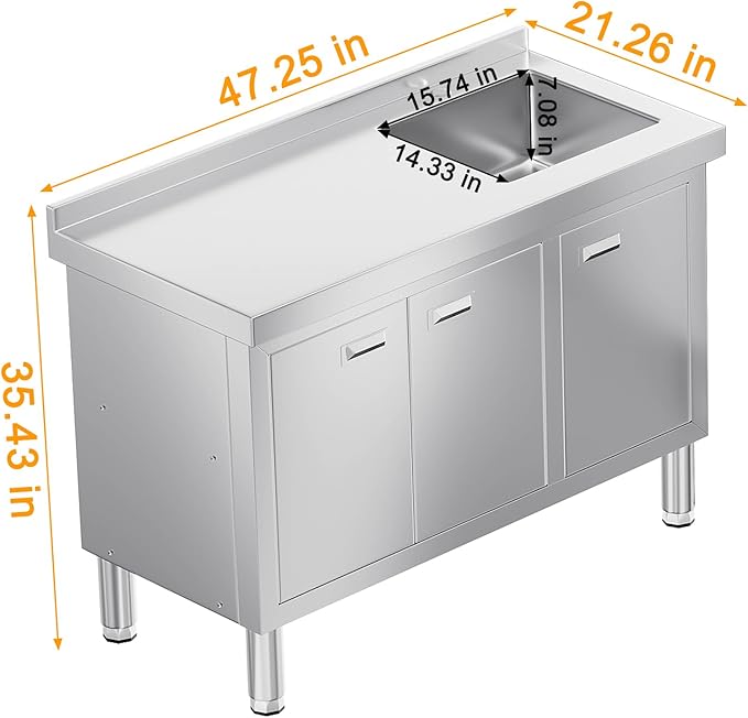 WWK 47" x 21" Stainless Steel Sink with Cabinet, Freestanding Utility Sink Laundry Sink, Heavy Duty Commercial Kitchen Sink for Outdoor, Restaurant, Hotel, Cafe, and Garage, 21D x 47W x 35H inches