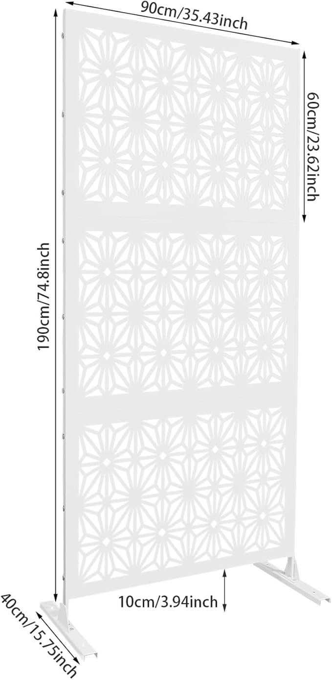 75" H×35" W Decorative Outdoor Privacy Screen with Stand, Outdoor Decor Privacy Fence Screen Metal Fence Panels, Free Standing Metal Divider for Patio Lawn Deck (White-Snowflake)