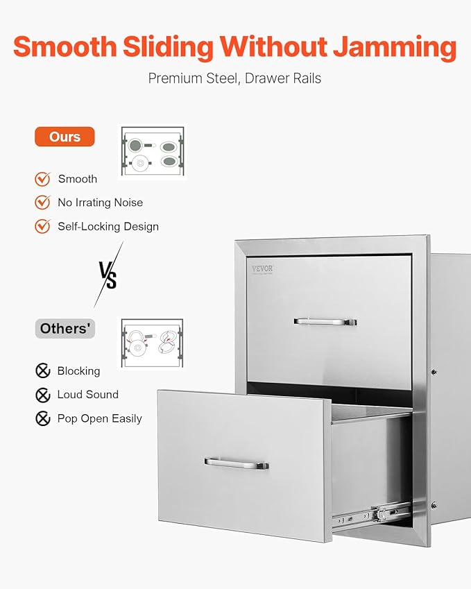 VEVOR Outdoor Kitchen Drawers, 17.8W x 20.2H x 12.2D Inch, Flush Mount Double BBQ Drawer, Stainless Steel BBQ Island with Handle, for Outdoor Kitchens or Patio Grill Station