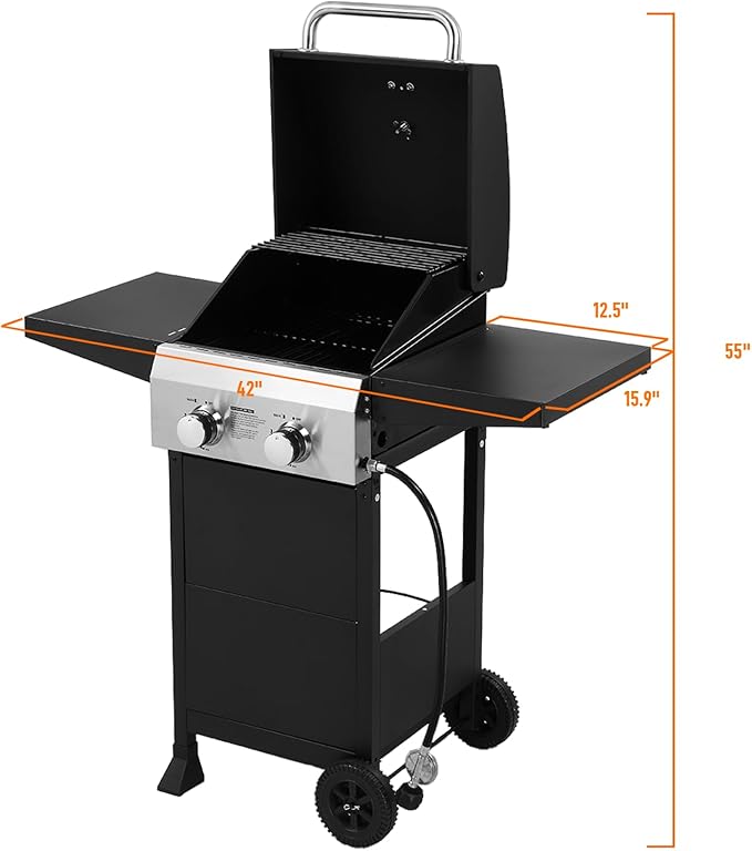 ROVSUN 2-Burner Propane Gas BBQ Grill with Foldable Side Tables & Enameled Cast Iron Grates, 24,000 BTU Barbecue Grill with Portable Wheels for Outdoor Patio Backyard Cooking Grilling, Black