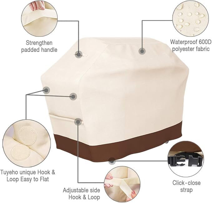 Tuyeho Grill Cover 65 x 24 x 46 inch, 600D Heavy Duty Gas BBQ Cover w/Side Fasteners Straps, Waterproof & Weather Resistant for Your Weber, Char-Broil, Brinkmann, Holland, Jenn Air (Beige & Brown)