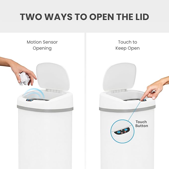 iTouchless 13 Gallon Automatic Sensor Trash Can with Lid, AbsorbX Odor Control System, Chalk White Stainless Steel Kitchen Garbage Bin, Fingerprint-Proof, Hands-Free Operation, Oval