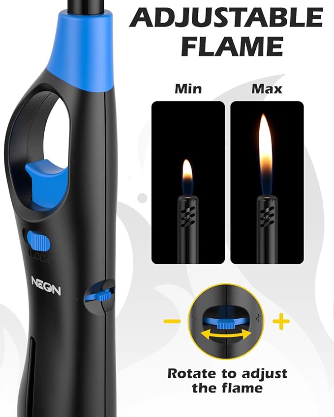 NEON Lighter, Refillable Butane Candle Lighter, 24 Pack Multi-Purpose Reusable Lighters with Long Metal Wand and Adjustable Soft Flame for BBQ, Grill, Stove, Camping, Hiking, Fireplaces, Kitchen